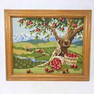 Vintage Washington Apple Orchard Needlepoint Framed Mountain Scene 21x17